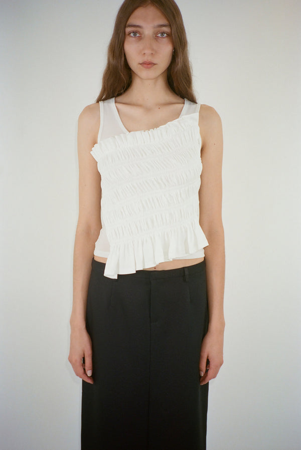 Mesh tank top in white with smocked jersey panel at front