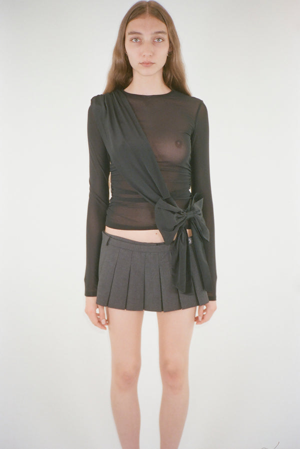 Long sleeve mesh top in black with sash