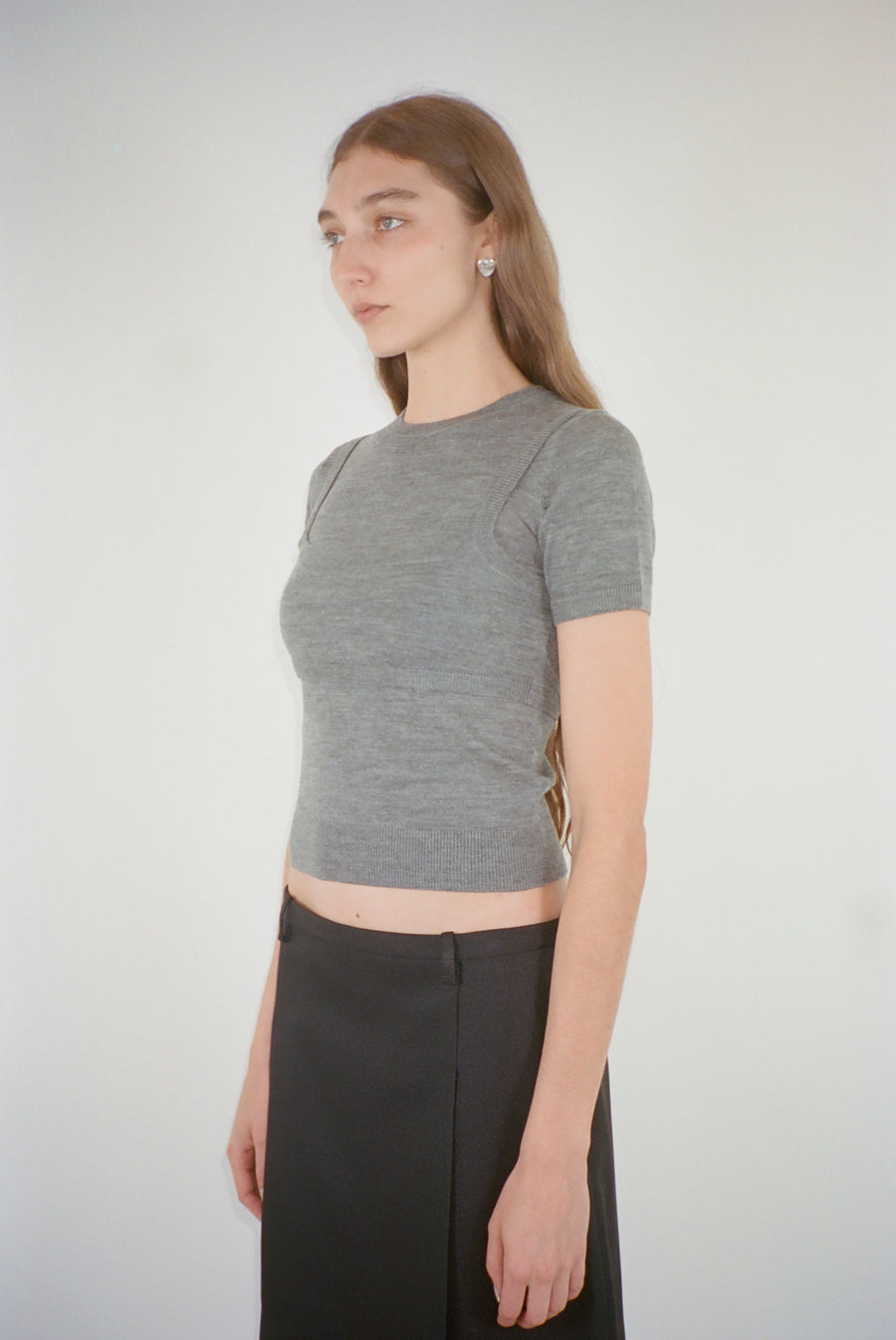 Short sleeve sweater in grey with built in layered bra on model