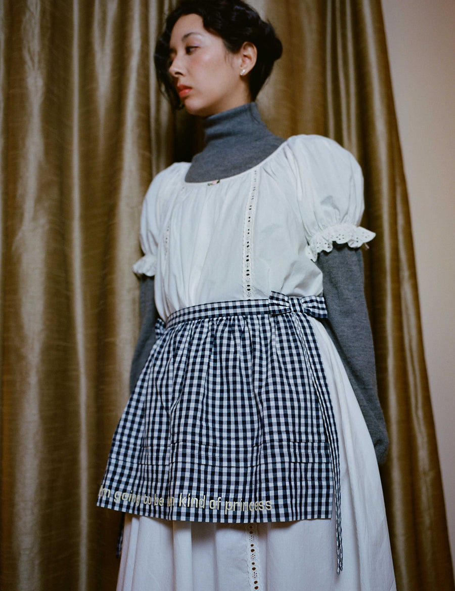 CONTESSA APRON IN BLUE GINGHAM