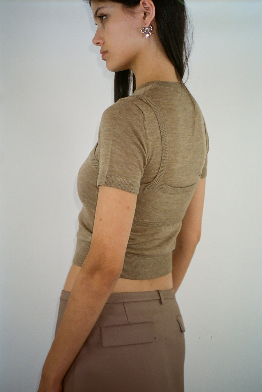Short sleeve sweater in peanut with built in layered bra on model