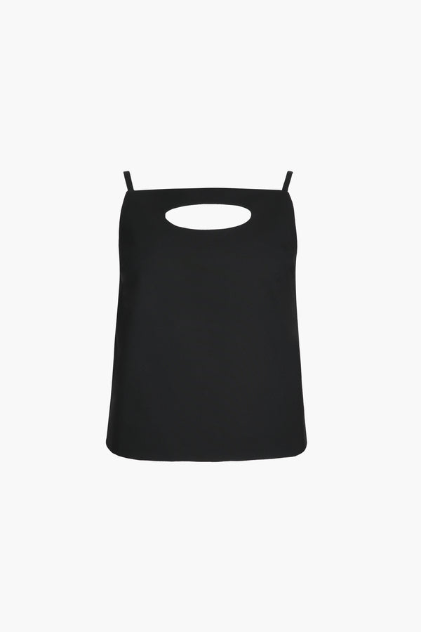 Boxy top in black suiting fabric with cut out detail at front