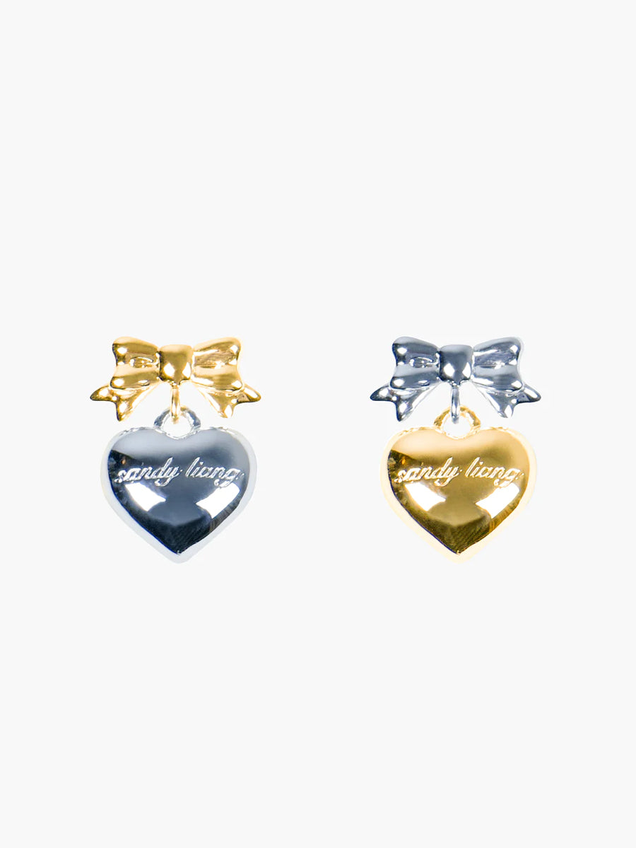 Bow and heart drop earrings in contrasting silver and gold