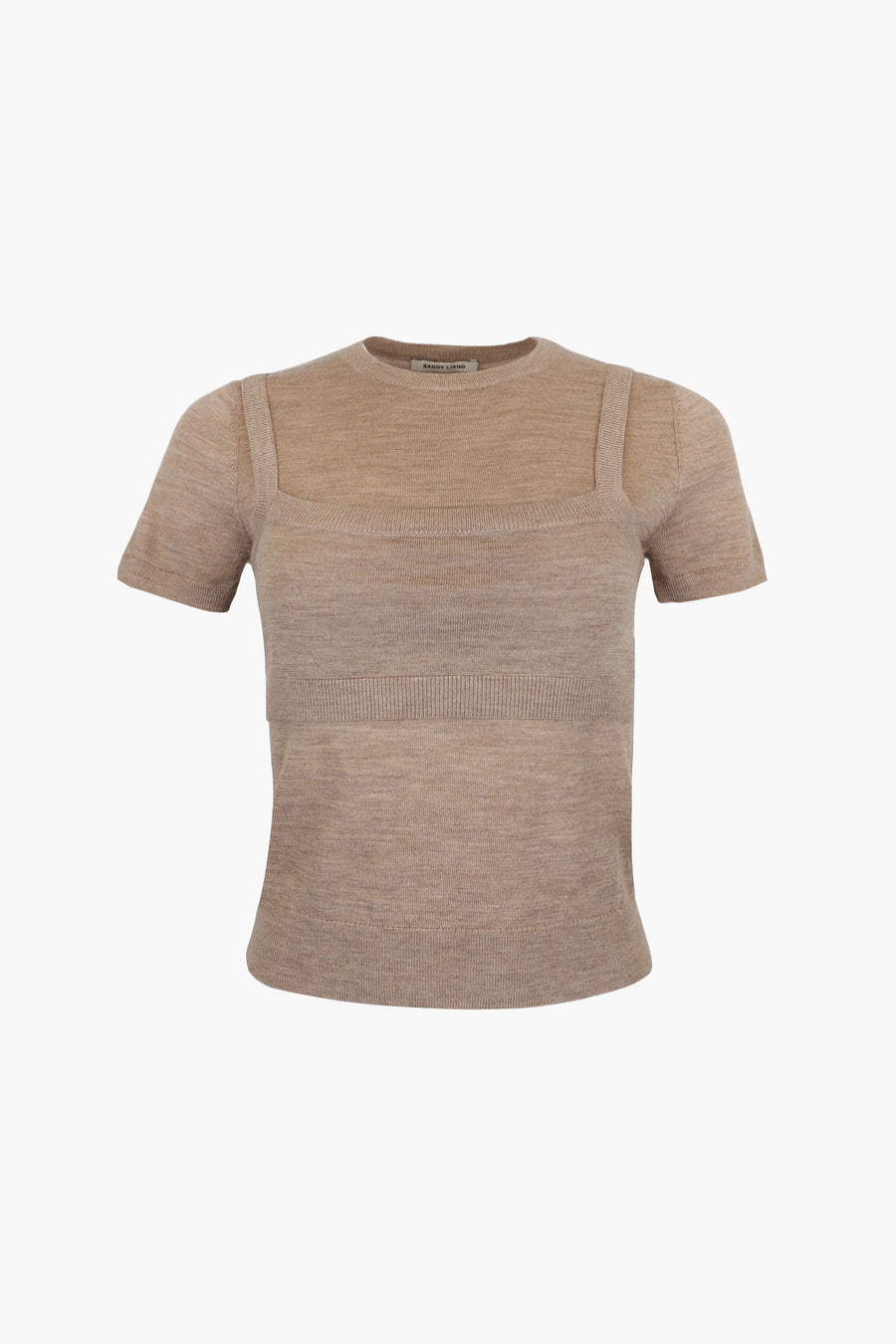 Short sleeve sweater in peanut with built in layered bra