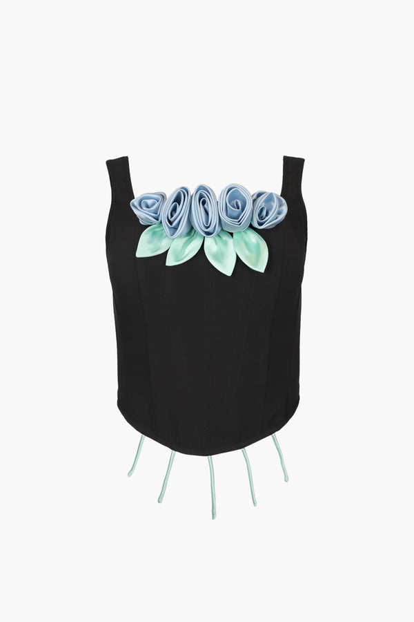Structured corset in black with blue roses at front