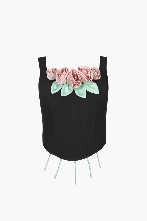 Structured corset in black with pink roses at front