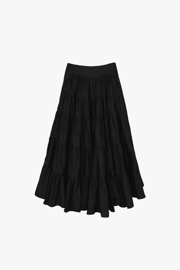 Midi length skirt in black with tiered construction