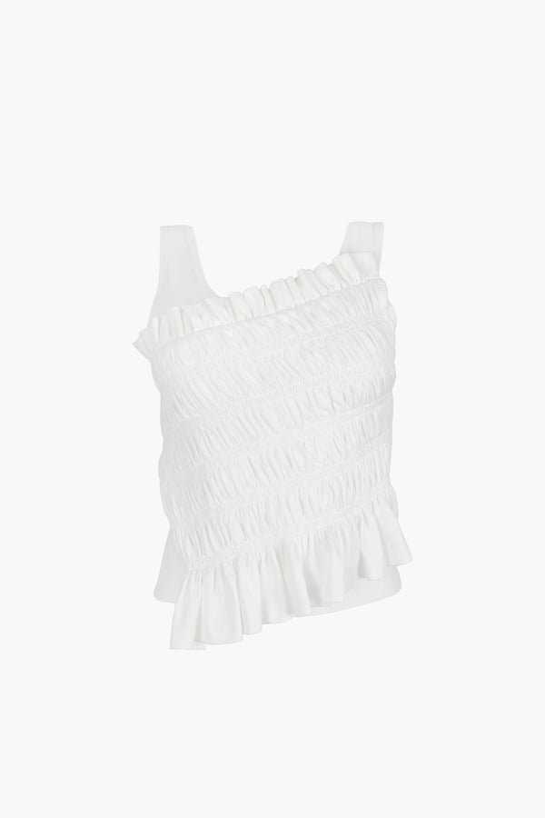 Mesh tank top in white with smocked jersey panel at front