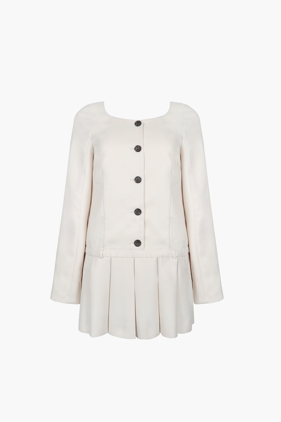 Long sleeve mini dress in off white suting with buttons and pleats