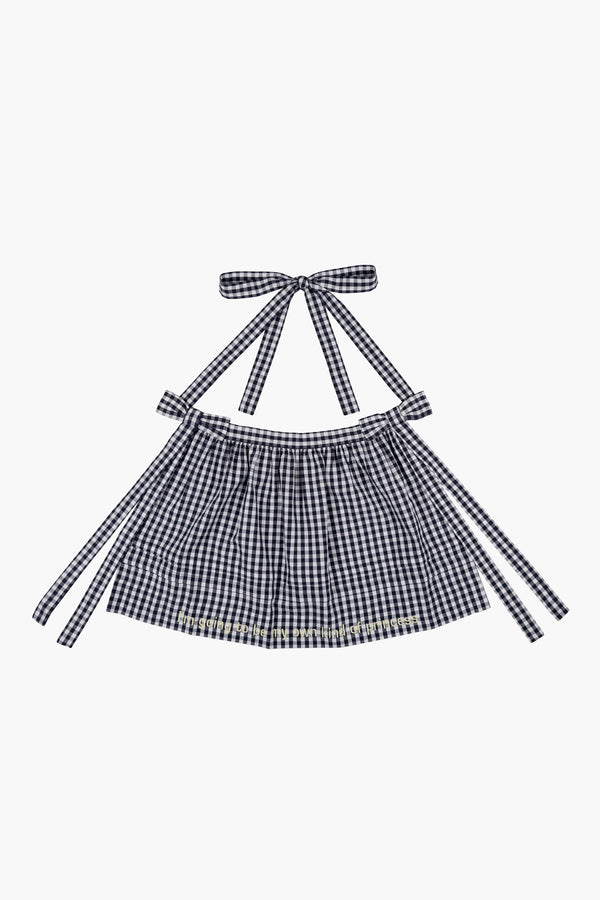 Blue gingham apron with tie and bows