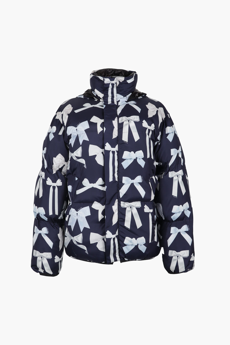 Puffer jacket in bow display print