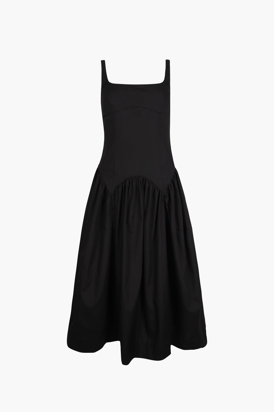 Sleeveless midi length dress in black with ties at back