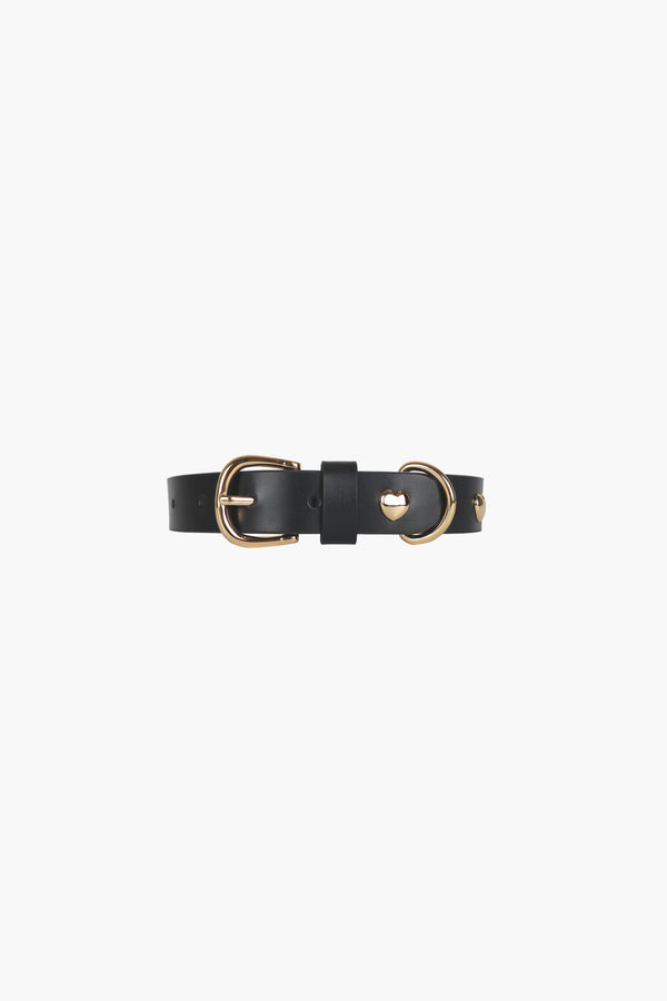 Black leather dog collar with gold heart hardware