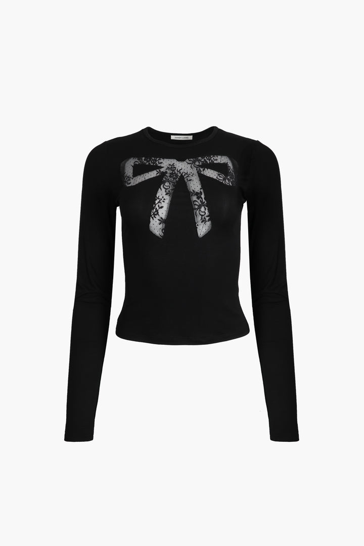 Long sleeve top in black with lace cut out bow detail