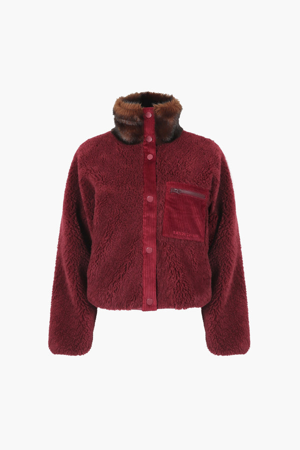 Fleece jacket in brunello red with faux fur collar 
