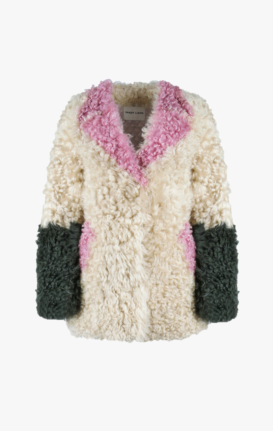 Shearling coat with contrast pink, cream, and green details