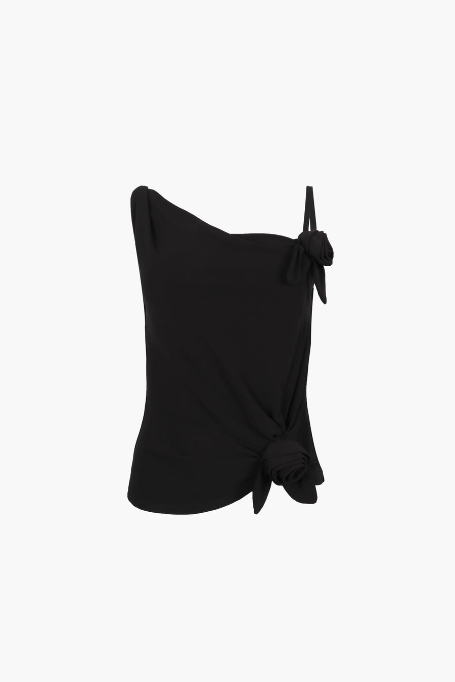 Draped asymmetric tank top in black with rosette details