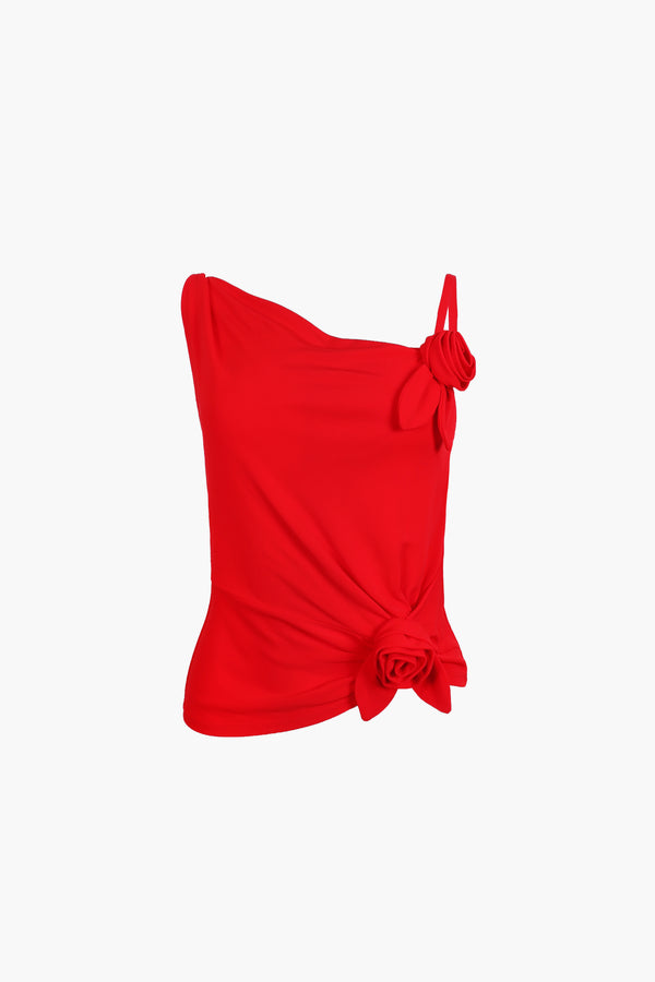 Draped asymmetric tank top in red with rosette details