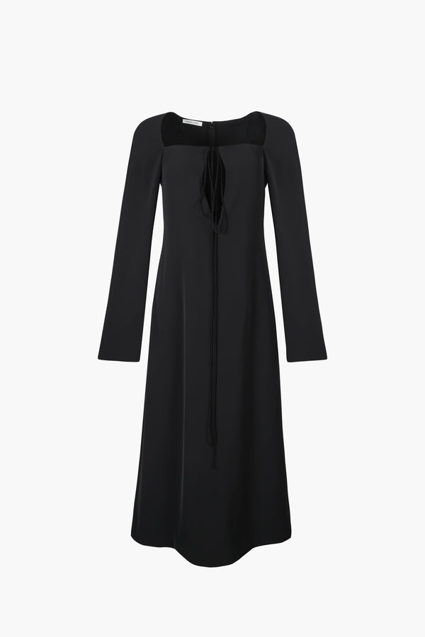 Long sleeve midi dress in black with open detail and tie