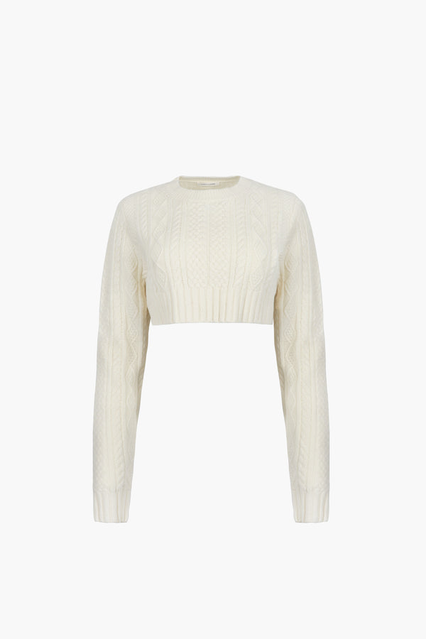 Cropped cable knit sweater in off white