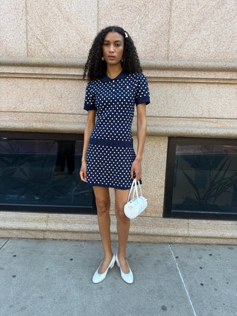 TUMI SWEATER DRESS IN NAVY WHITE POLKA DOT