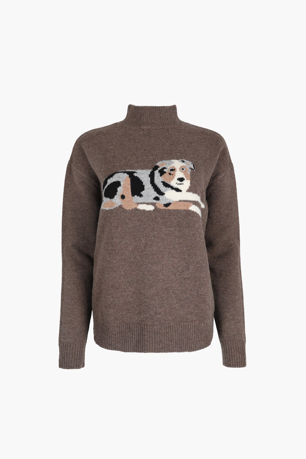 Long sleeve sweater in hojicha brown with australian shepard graphic at front