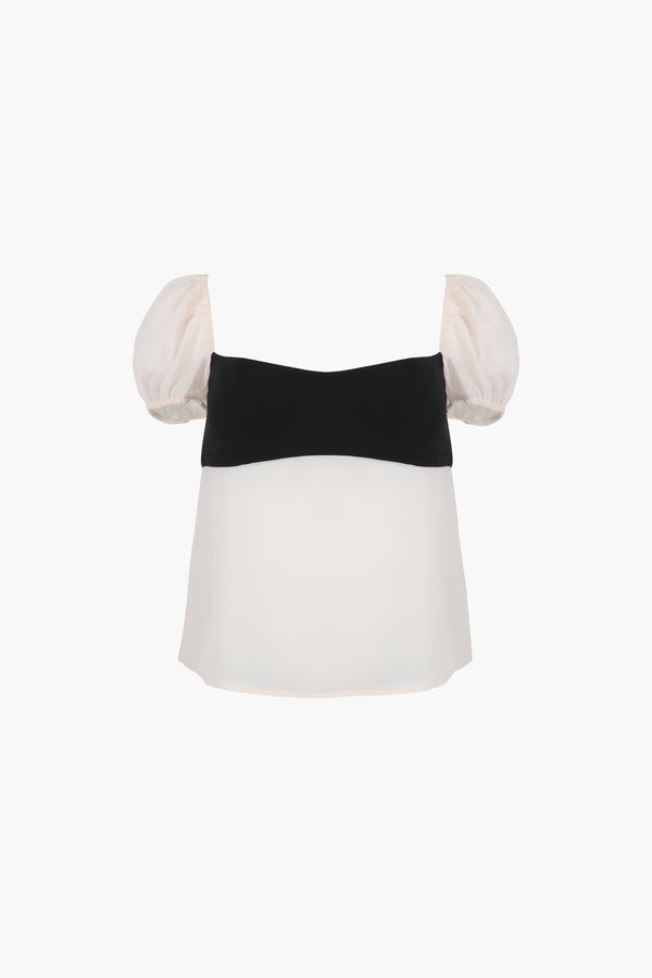Short sleeved top in black and off white with semi sheer bodice