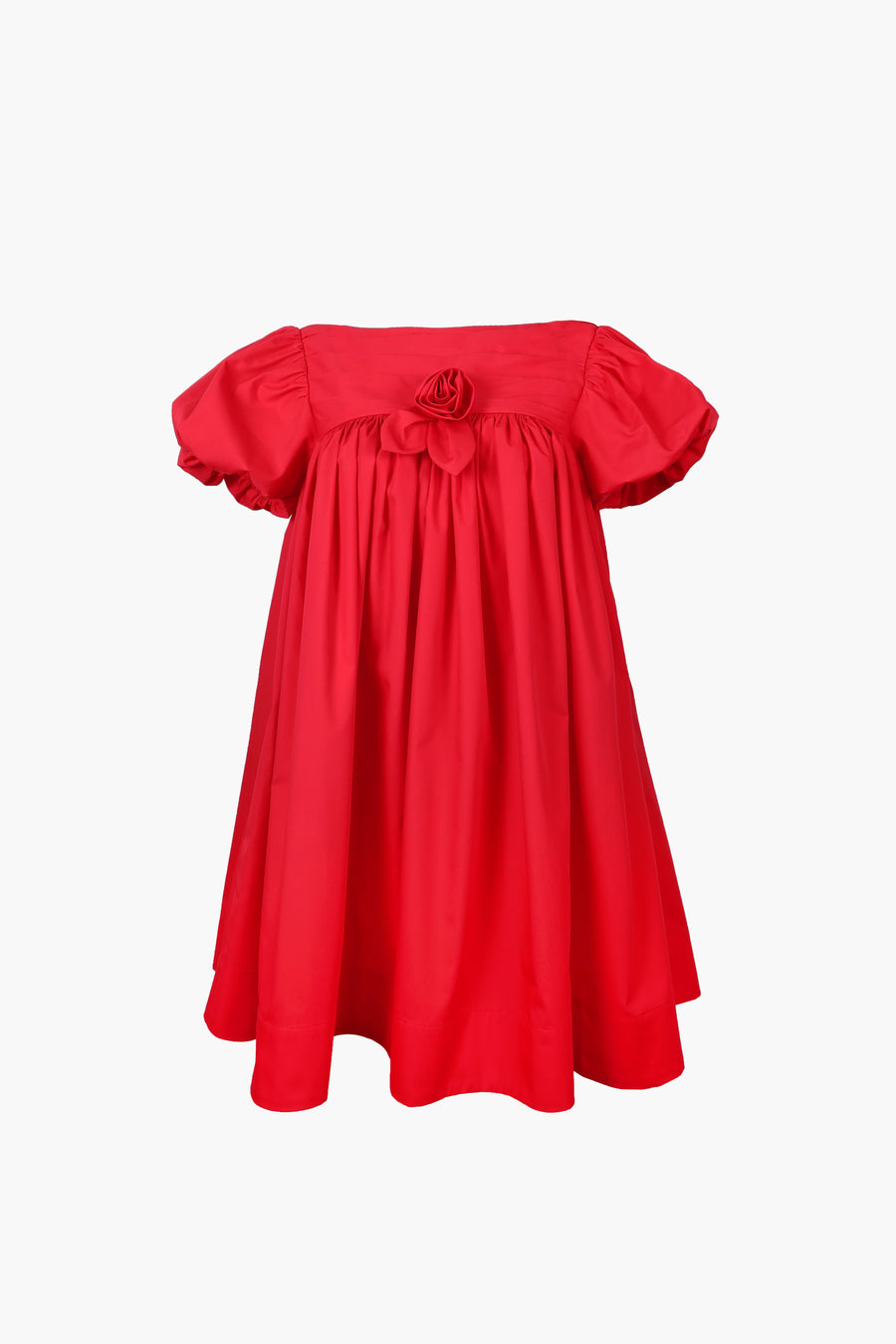 Babydoll mini dress with puffed sleeves in red on model