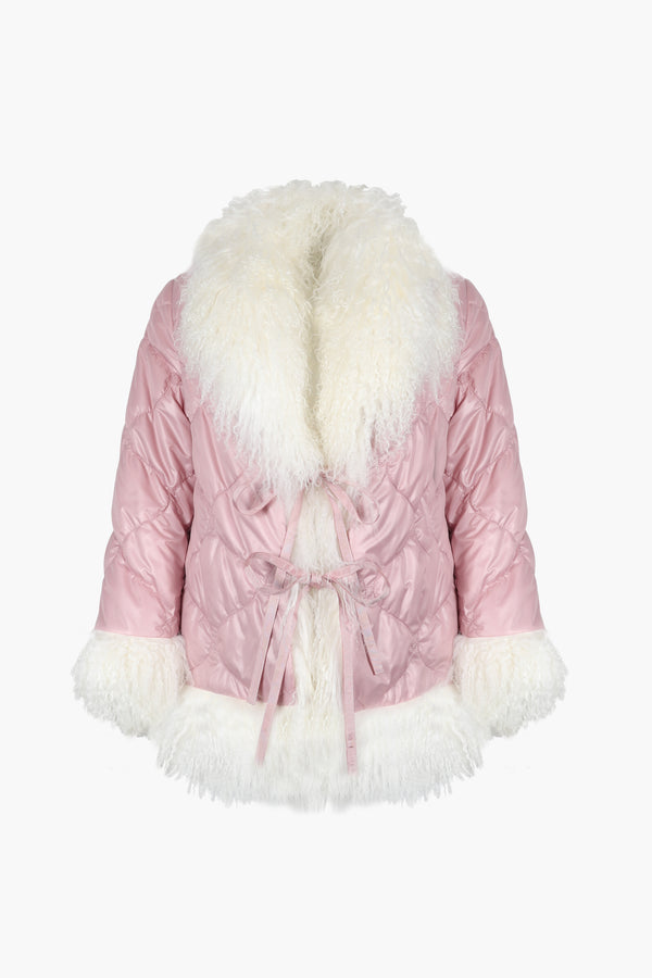 Quilted puffer jacket in pink trimmed in white shearling