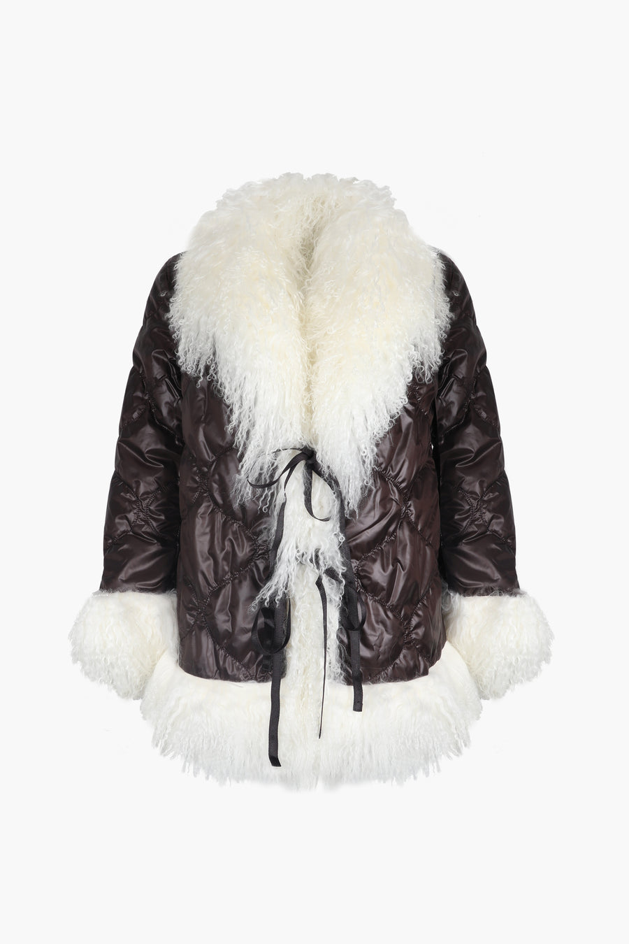 Quilted puffer jacket in brown trimmed in white shearling