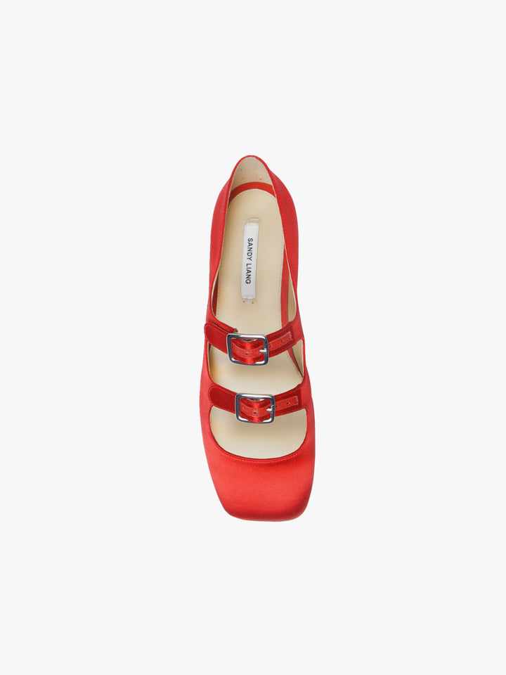 Mary jane ballet flat shoes with buckle straps in red satin