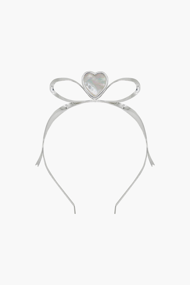 Sterling silver plated tiara headband with heart and bow at top