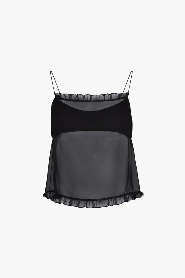 Sleeveless top in black with paneled bra and ruffles on model
