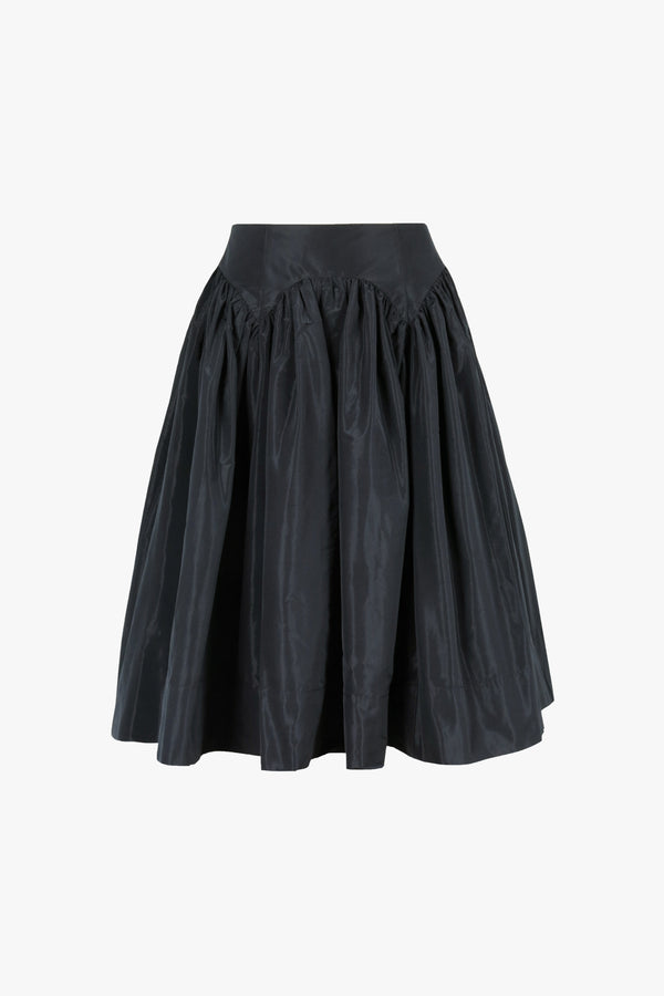 Midi skirt in black taffeta with garter silhouette