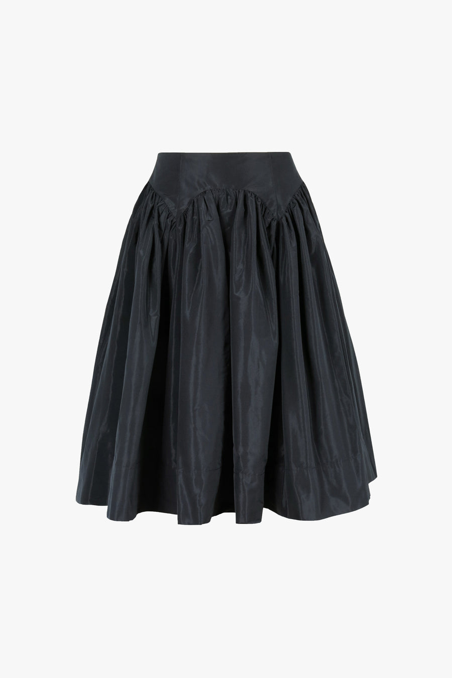 Midi skirt in black taffeta with garter silhouette