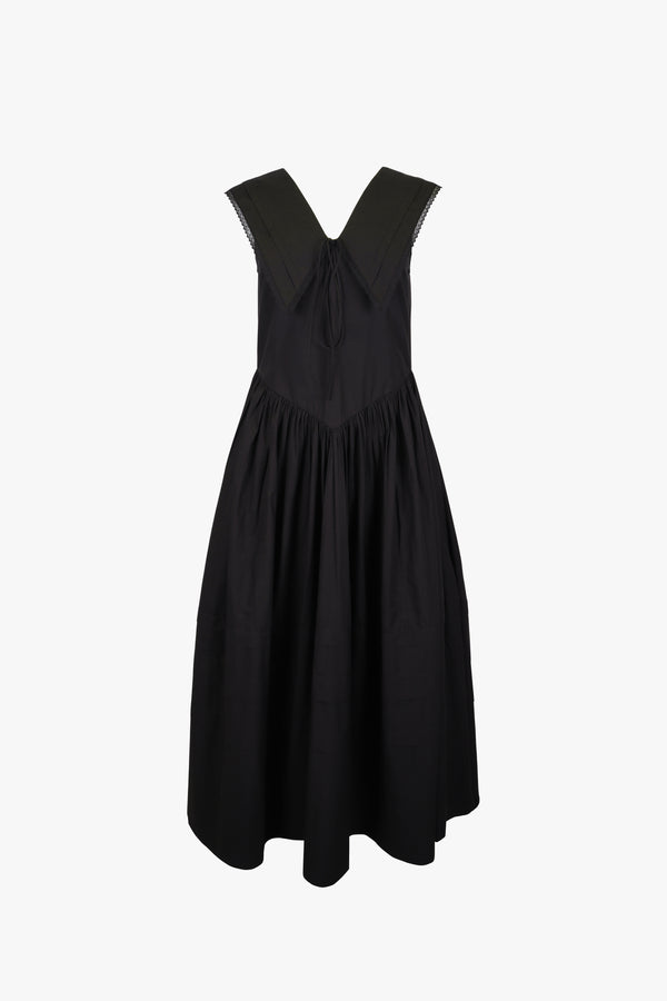 Sleeveless cotton midi dress in black with oversized collar