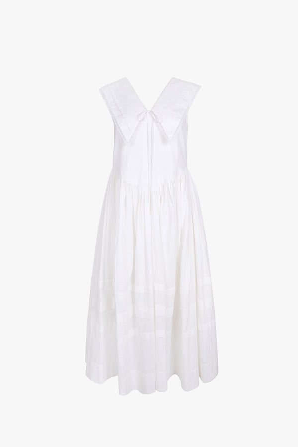 Sleeveless cotton midi dress in white with oversized collar