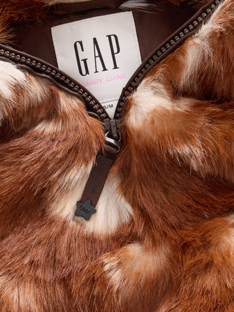 close up image of brown fur jacket with GAP Sandy Liang tag