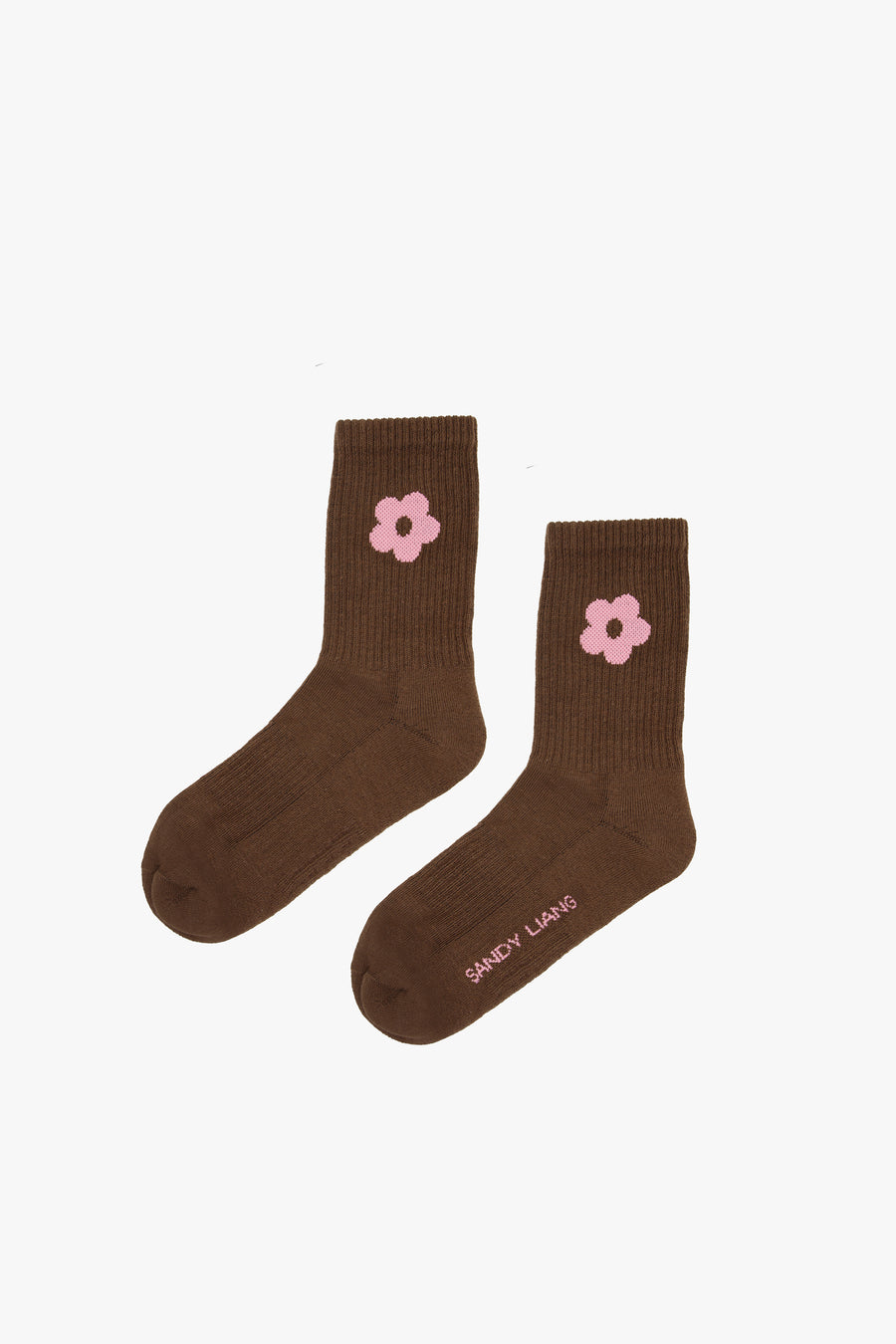 Brown crew length sock with pink flower on either side