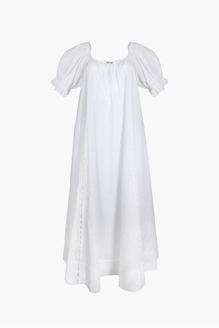 Cotton midi dress in white with rose applique
