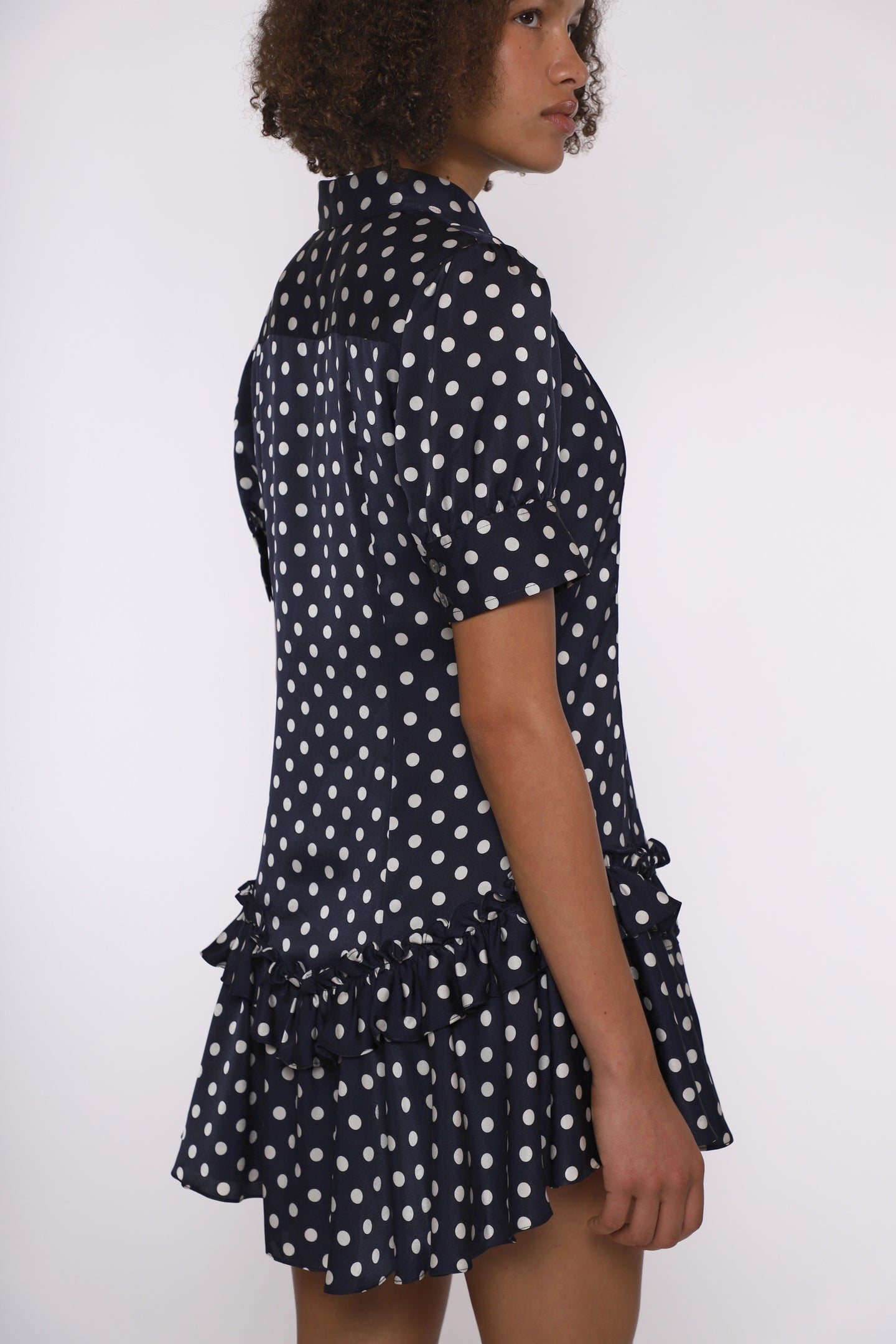 Snood Polka Dot Tiered Satin Shirtdress IN Blue Snood Polka Dot Tiered Satin Shirtdress IN Blue