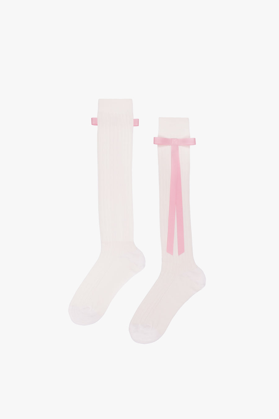 Cotton blend knee high socks in off white with pink long satin bows at side