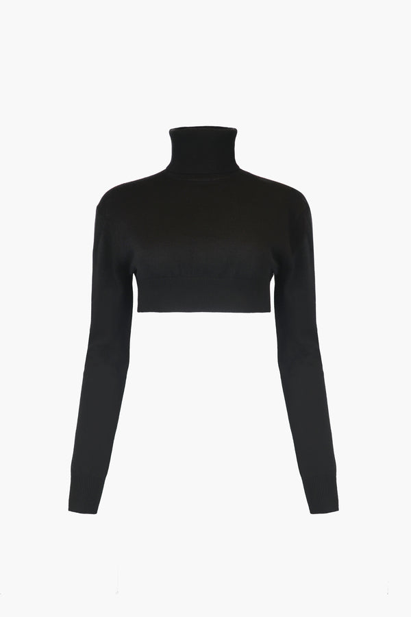 Long sleeve cropped turtleneck sweater in black