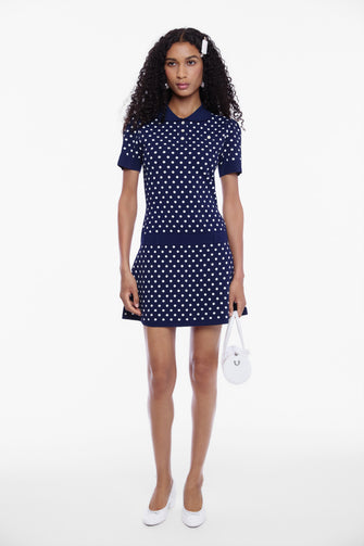 TUMI SWEATER DRESS IN NAVY WHITE POLKA DOT