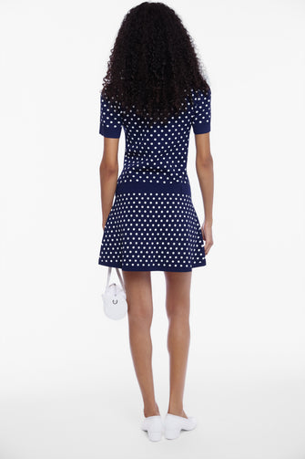 TUMI SWEATER DRESS IN NAVY WHITE POLKA DOT