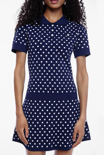 TUMI SWEATER DRESS IN NAVY WHITE POLKA DOT