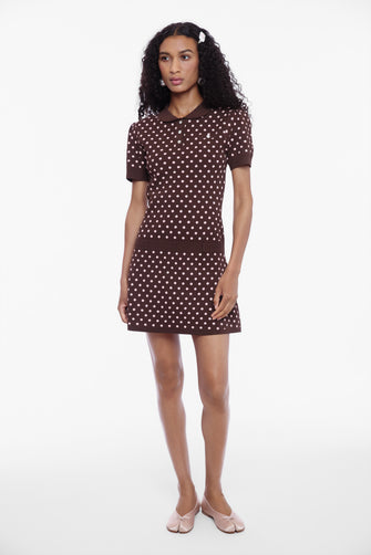 TUMI SWEATER DRESS IN BROWN PINK POLKA DOT