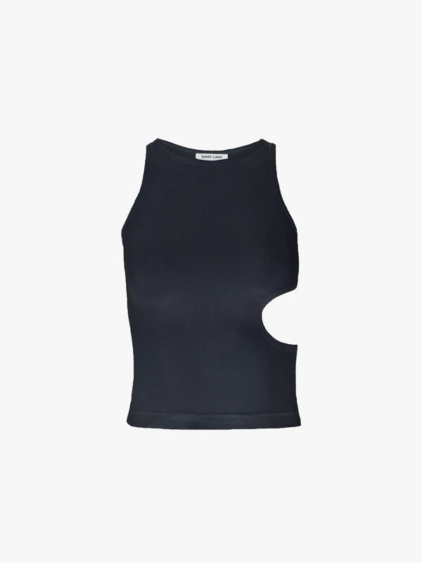 Ribbed tank top with side cut out in black