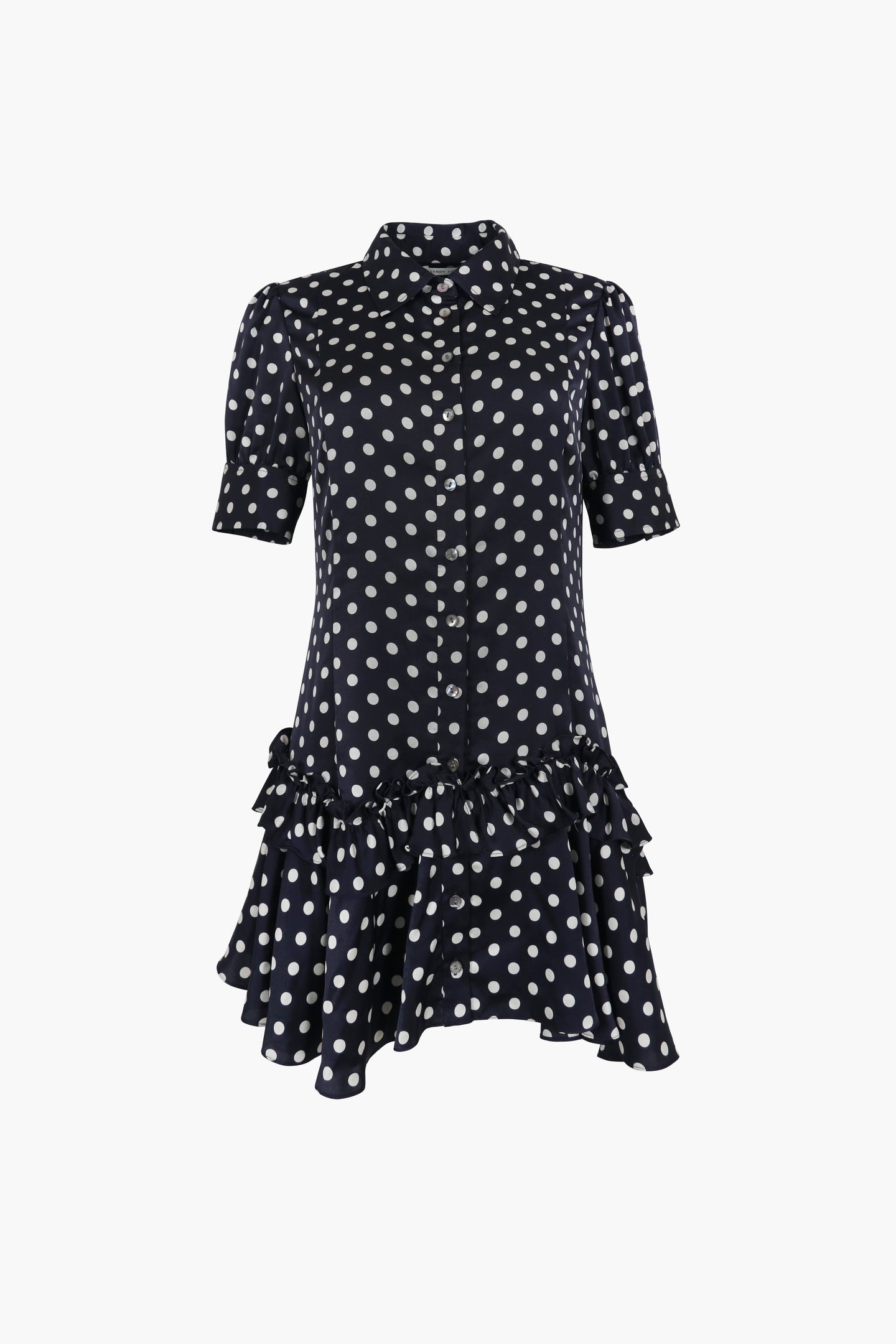 Snood Polka Dot Tiered Satin Shirtdress IN Blue Snood Polka Dot Tiered Satin Shirtdress IN Blue