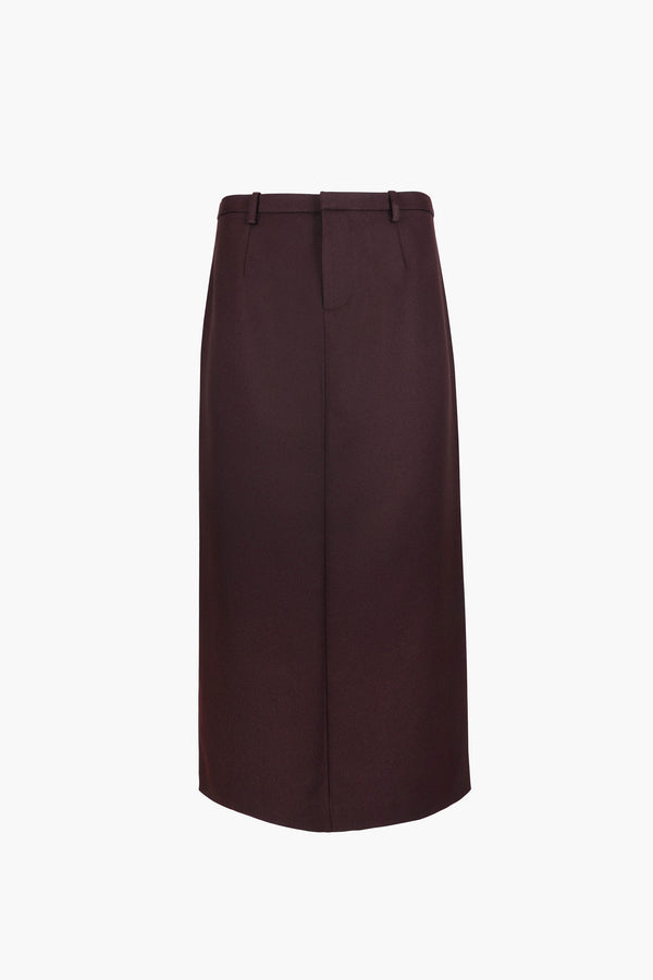 Midi length skirt in brunette brown suiting fabric
